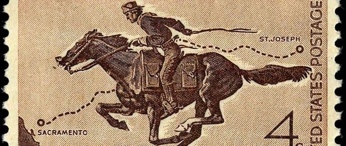 1960 commemorative stamp of the Pony Express featuring a horse-mounted rider