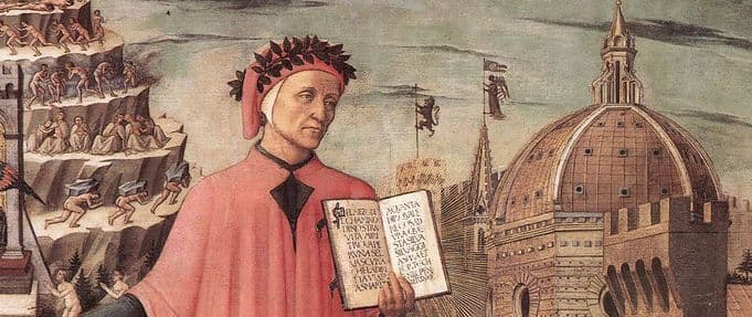 Dante is poised between the mountain of purgatory and the city of Florence in a 1465 painting
