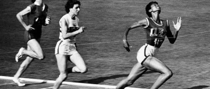 wilma rudolph crosses the finish line at the 1960 summer olympics