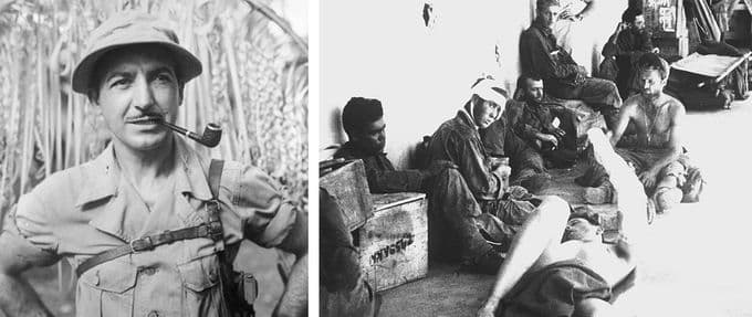 left: photo of army ranger henry Mucci; right: photo of former prisoners at a makeshift hospital