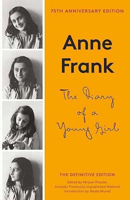 orange book cover showing four photographs of anne frank