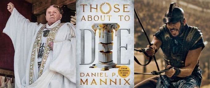 Image of Roman emperor and gladiator, cover of Those About to Die.