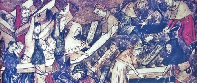 Illustration of people burying the dead from plague, history's deadliest disease