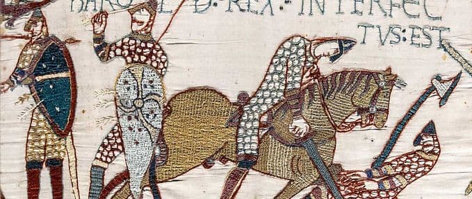 the death of King Harold at the Battle of Hastings, portrayed on the Bayeux Tapestry