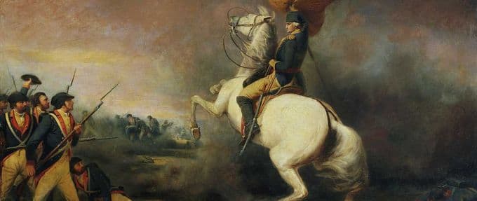 General George Washington on horse at Battle of Princeton
