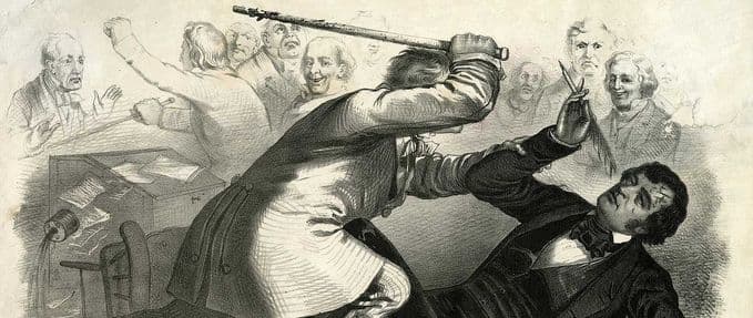 political cartoon depicting Representative Preston Brooks attacking abolitionist Senator Charles Sumner with a cane