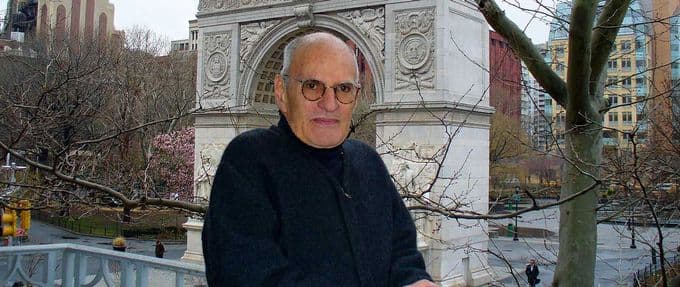 Larry Kramer, who passed away today, pictured by the Washington Square Arch