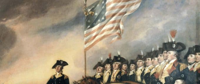 An American flag flies over George Washington and troops at the Battle of Yorktown