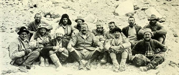 photo of men gathered at mount everest base camp in 1922