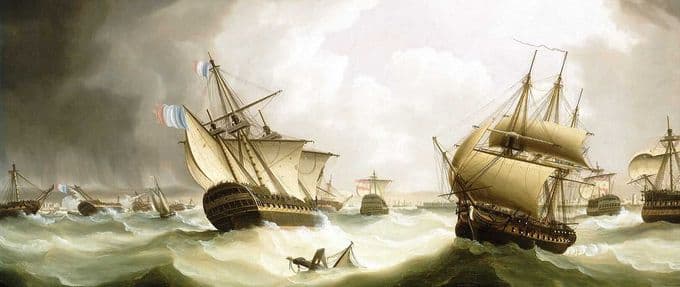 illustration of ships and a shipwreck on a stormy sea