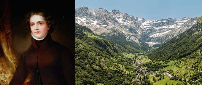 portrait of Anne Lister, left, along with a photograph of the Pyrenees mountain range