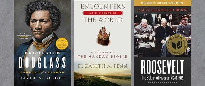 3 book covers: frederick douglass, encounters at the heart of the world, and roosevelt: the soldier of freedom