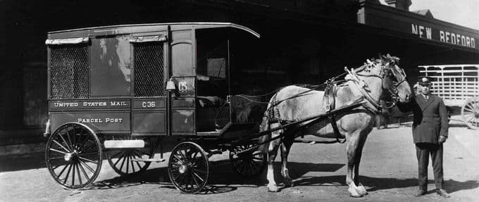 Horse drawn US Post delivery coach, in New Bedford MA, 1913