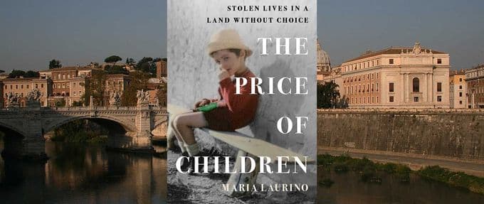 book cover of 'the price of children' over a background of rome's tiber river