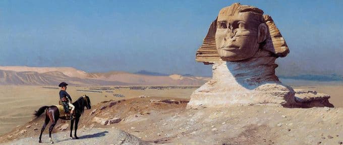 a painting of napoleon on horseback in front of the egyptian sphinx