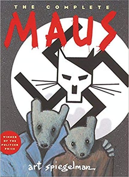 book cover of a mouse putting its arm around another mouse, while a cat with a swastika looks on