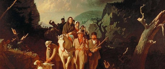 portrait of daniel boone leading settlers in the woods