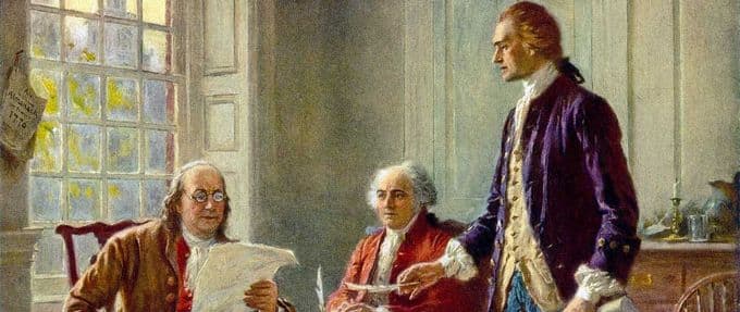painting of Franklin, Adams, and Jefferson working on the Declaration of Independence
