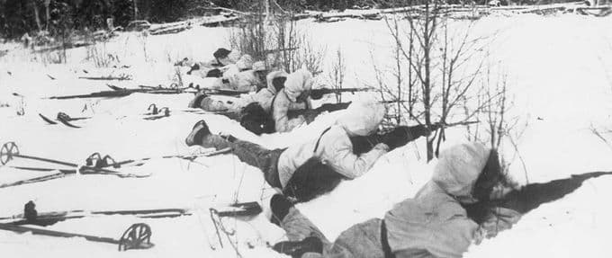Ski troops in a trench during the Winter War